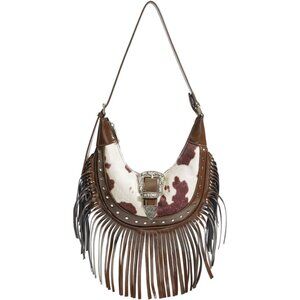 Women's Brown Boho Tassel Shoulder Bag with Fringe Buckle Zipper and Top Handle
